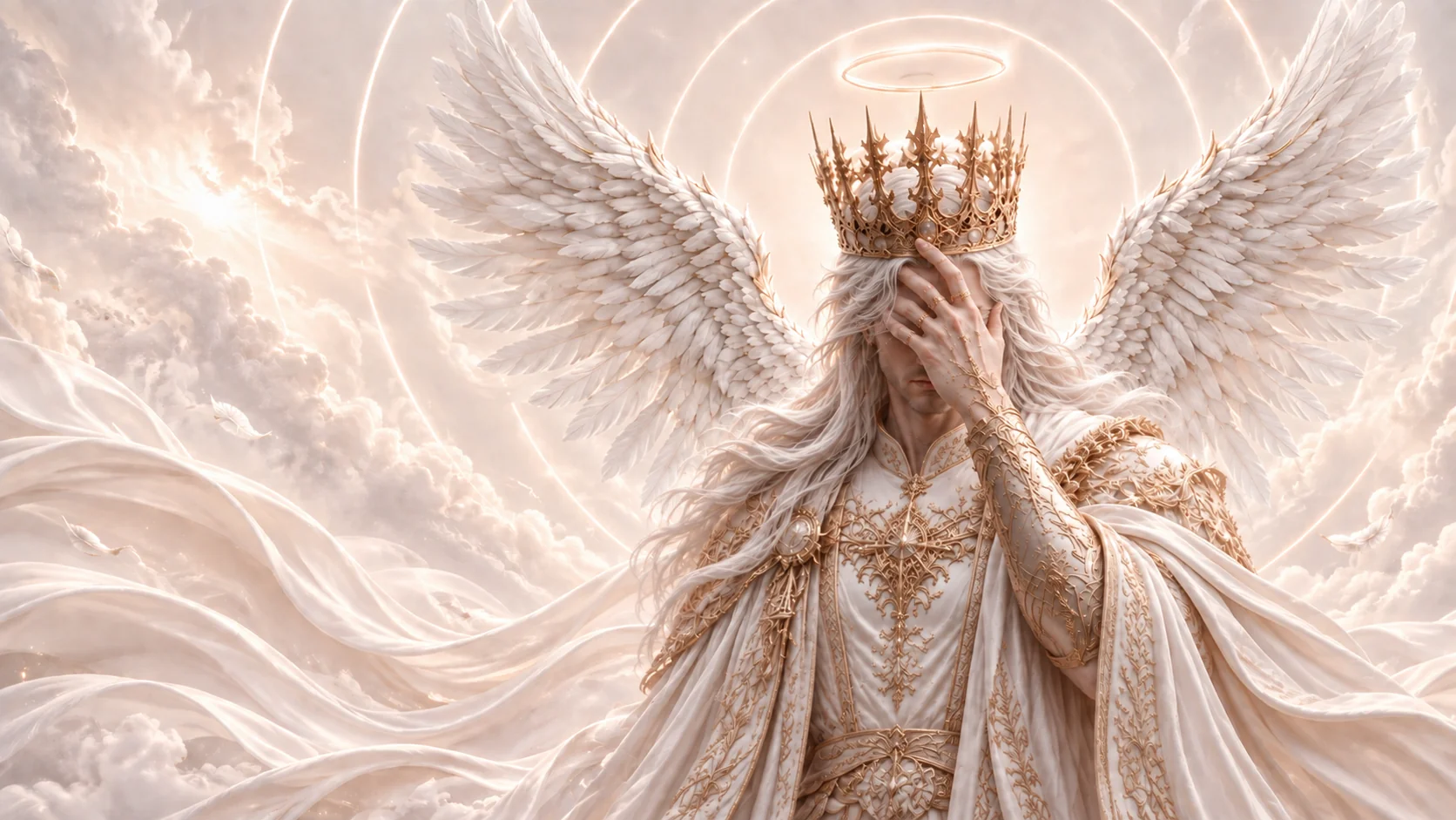 Ivory angel king with a golden crown and outstretched feathered wings
